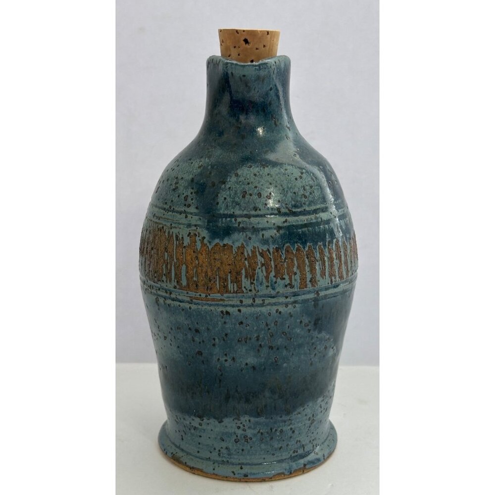 Hand Thrown Pottery  Jug Speckled Blue & Brown Glazed Ceramic Pitcher Cork Lid - Picture 6 of 7